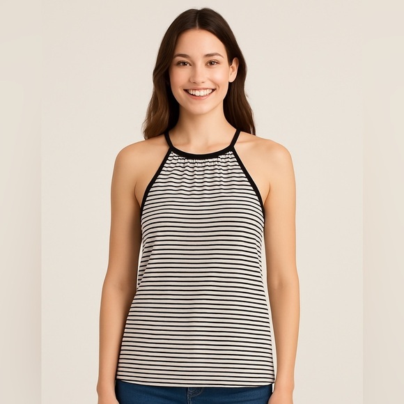 NEW Max Studio Women's Striped Halter Top Size S Crew Neck Stretch Loose Black - Picture 1 of 8